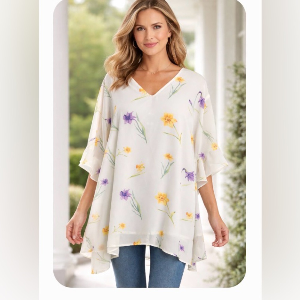 Bloom Chic Floral V-Neck White Tunic Top with Yellow & Purple Blooms